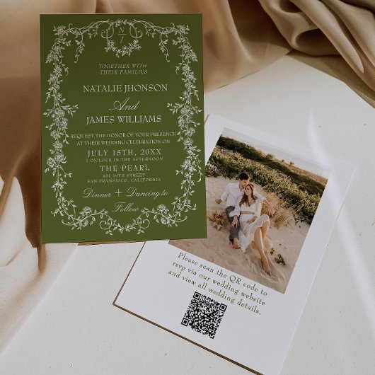 Invitation Code QR de mariage de jardin en vert olive floral