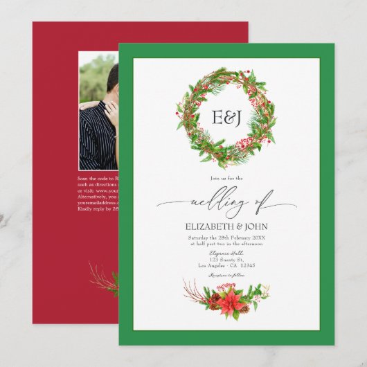 Invitation Code QR de mariage de Noël Poinsettia & Pine (Devant / Derrière)