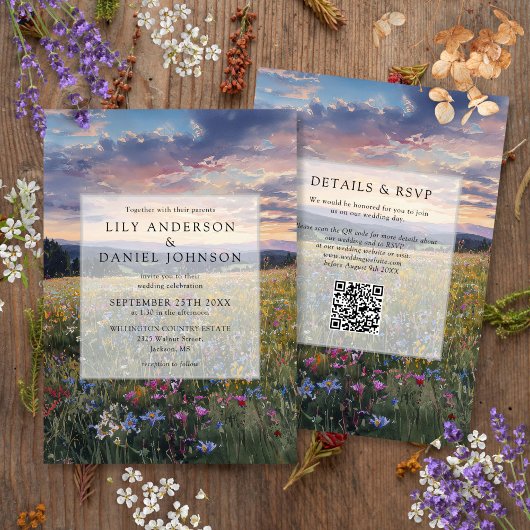 Invitation Code QR de mariage de prairie florale de fleurs sa