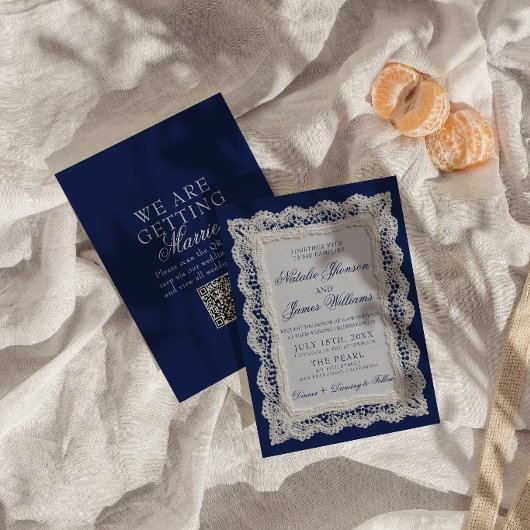 Invitation Code QR de mariage dentelle bleu royale Old Money