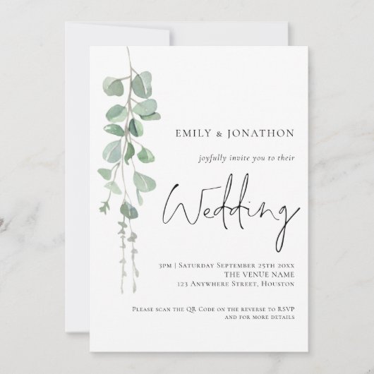 Invitation Code QR de mariage écriture élégante Eucalyptus mo (Devant)