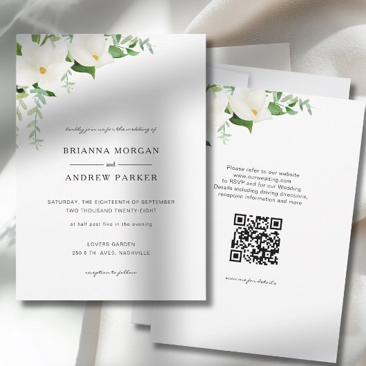 Invitation Code QR de mariage élégant à la magnolia florale