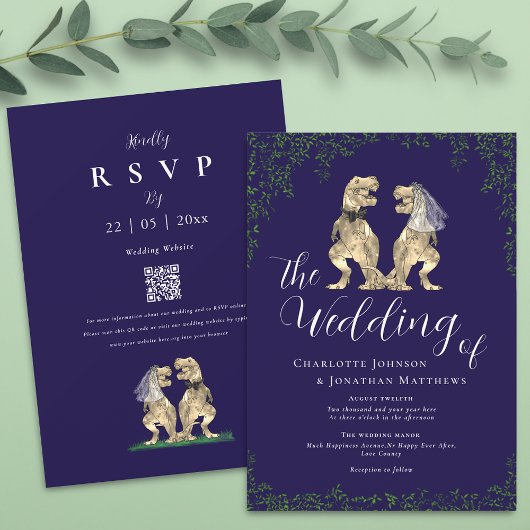 Invitation Code QR de mariage élégant dinosaure bleu marine