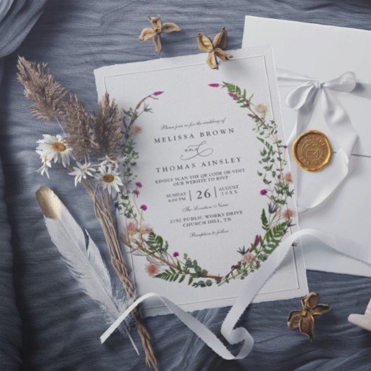 Invitation Code QR de mariage élégant et chic avec des fleurs