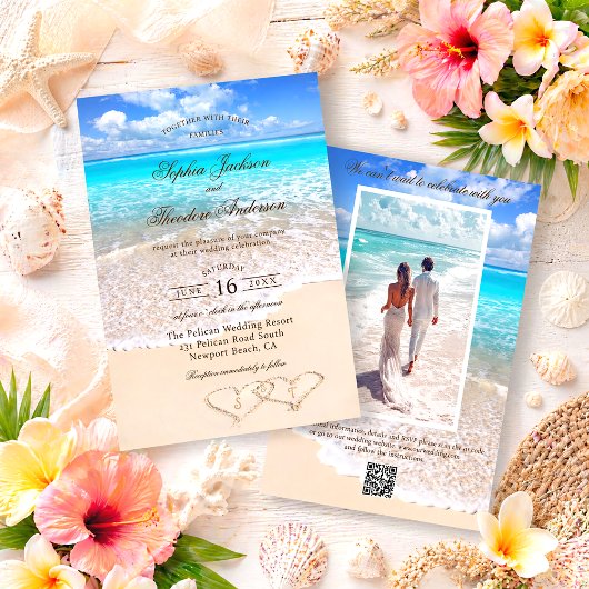 Invitation Code QR de mariage élégant sur la plage tropicale