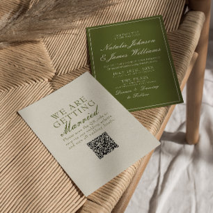 Invitation Code QR de mariage élégant vert olive à l'ancienne
