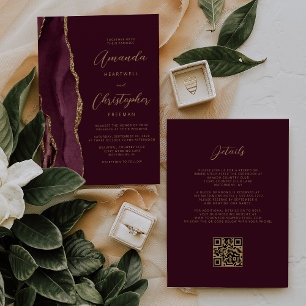 Invitation Code QR de mariage en Agate Or Bourgogne