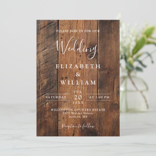 Invitation Code QR de mariage en bois de grange rustique mode (Debout devant)