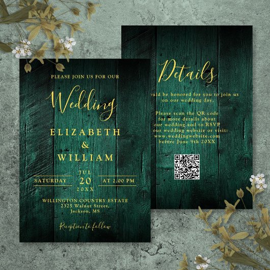 Invitation Code QR de mariage en bois de grange rustique vert
