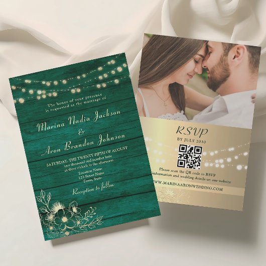 Invitation Code QR de mariage en bois rustique vert émeraude