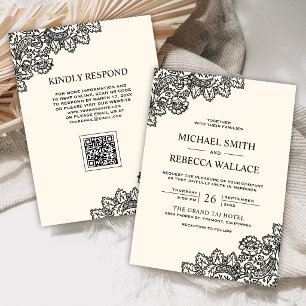 Invitation Code QR de mariage en dentelle noire et ivoire