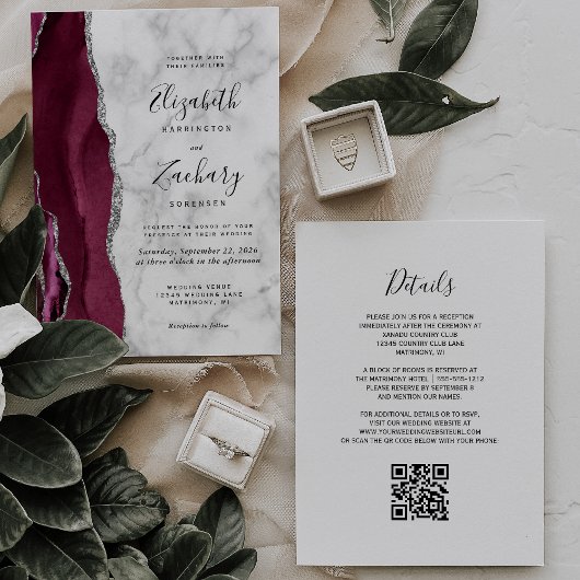 Invitation Code QR de mariage en marbre d'agate argentée de B