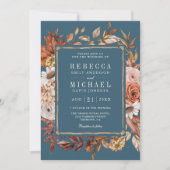 Invitation Code QR de mariage Fleurs en terre cuite Bleu pous (Devant)