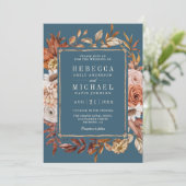 Invitation Code QR de mariage Fleurs en terre cuite Bleu pous (Debout devant)