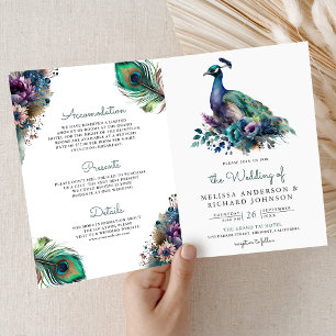 Invitation Code QR de mariage floral à la plume de paon à l'a