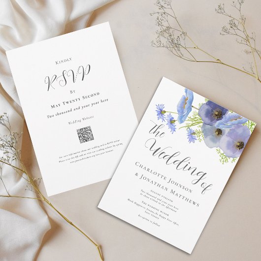 Invitation Code QR de mariage floral à l'aquarelle élégant bl