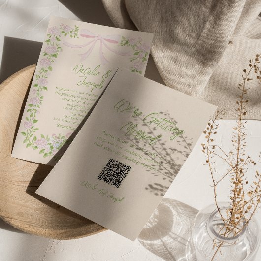 Invitation Code QR de mariage floral à ruban vert rose dessin