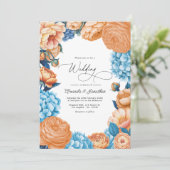 Invitation Code QR de mariage floral aquarelle pêche et bleu (Debout devant)