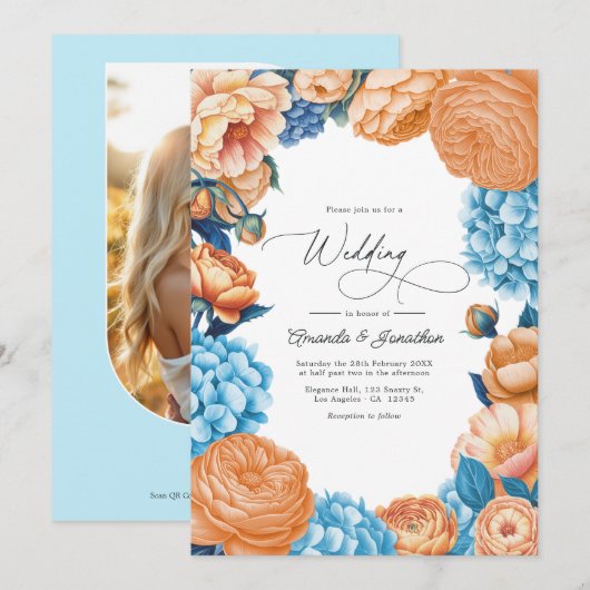 Invitation Code QR de mariage floral aquarelle pêche et bleu (Devant / Derrière)