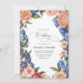 Invitation Code QR de mariage floral élégant pêche et bleu (Devant)