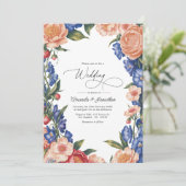 Invitation Code QR de mariage floral élégant pêche et bleu (Debout devant)