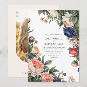 Invitation Code QR de mariage floral élégant sauge, marine et