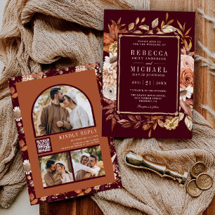Invitation Code QR de mariage floral en terre cuite bordeaux