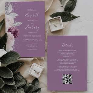 Invitation Code QR de mariage floral mauve blush argenté