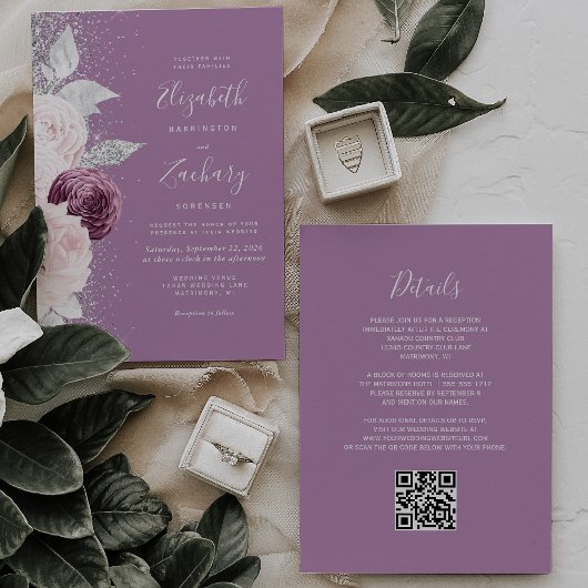 Invitation Code QR de mariage floral mauve blush argenté