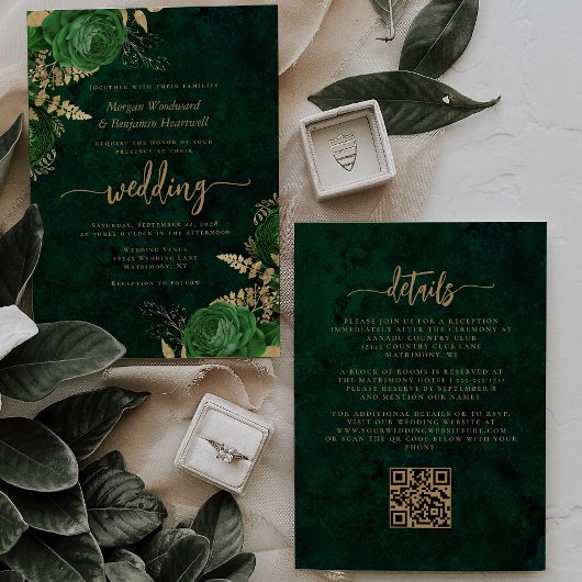 Invitation Code QR de mariage floral or vert émeraude
