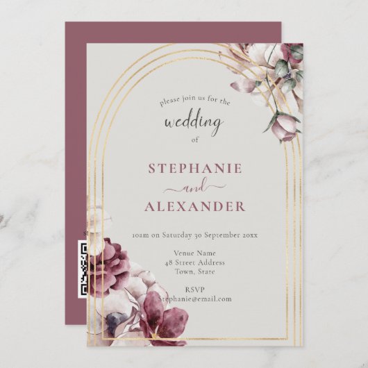 Invitation Code QR de mariage floral prune poussiéreux (Devant / Derrière)