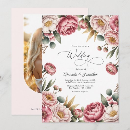 Invitation Code QR de mariage floral rose poudré et or (Devant / Derrière)
