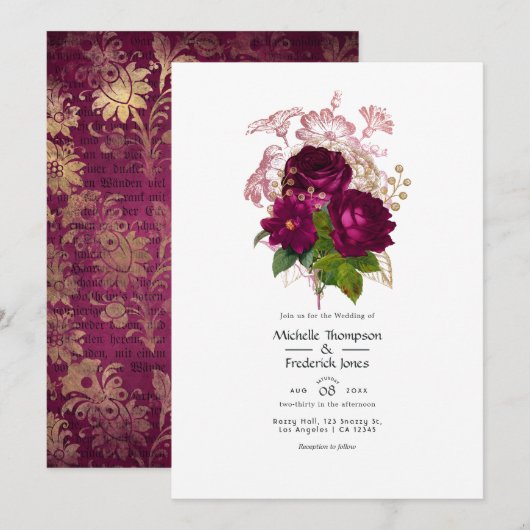 Invitation Code QR de mariage floral shabby or Bourgogne Blus (Devant / Derrière)
