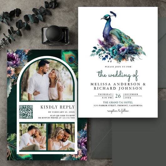 Invitation Code QR de mariage floral vert émeraude avec paon