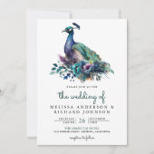 Invitation Code QR de mariage floral vert émeraude avec paon (Devant)