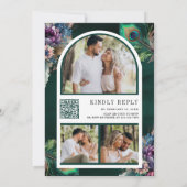 Invitation Code QR de mariage floral vert émeraude avec paon (Dos)
