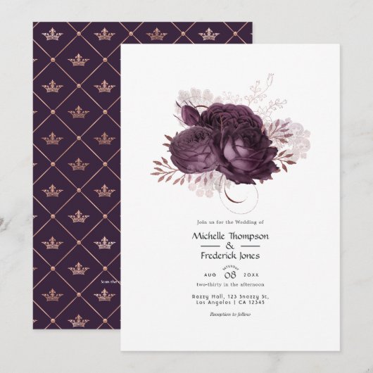 Invitation Code QR de mariage floral violet foncé et or rose (Devant / Derrière)