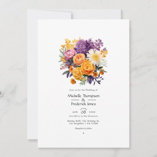 Invitation Code QR de mariage floral violet, orange et jaune (Devant)