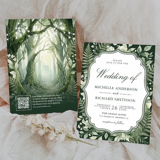 Invitation Code QR de mariage forêt enchantée aquarelle