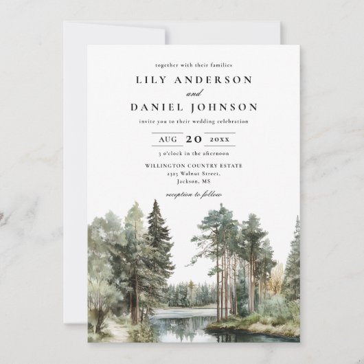 Invitation Code QR de mariage forêt lacustre à l'aquarelle (Devant)