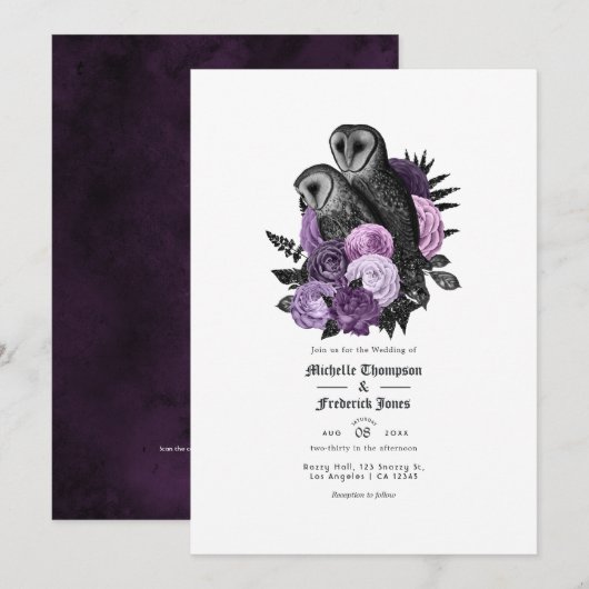 Invitation Code QR de mariage gothique aux hiboux violets Gla (Devant / Derrière)