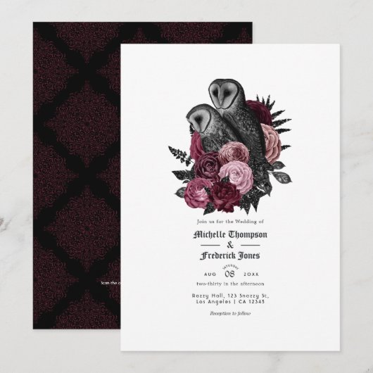Invitation Code QR de mariage gothique de chouettes Glam vint (Devant / Derrière)