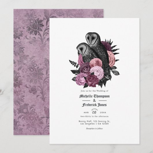 Invitation Code QR de mariage gothique des hiboux de mauve de (Devant / Derrière)