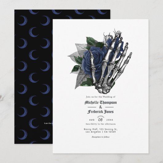 Invitation Code QR de mariage gothique floral bleu marine (Devant / Derrière)