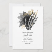 Invitation Code QR de mariage gothique floral noir et or (Devant)
