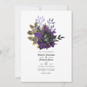 Invitation Code QR de mariage gothique floral noir violet or (Devant)