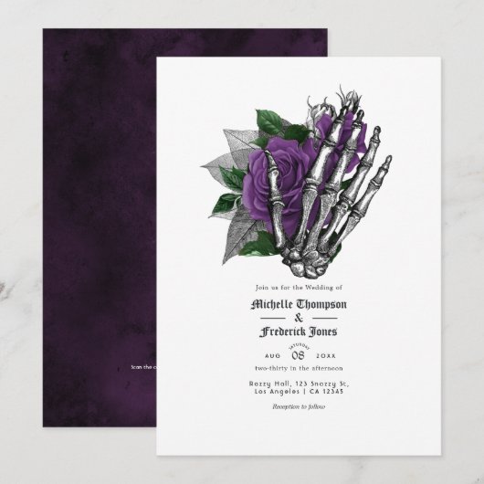 Invitation Code QR de mariage gothique floral pourpre (Devant / Derrière)