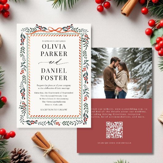 Invitation Code QR de mariage hivernal à l'aquarelle avec hou