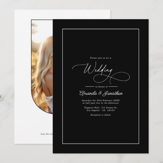 Invitation Code QR de mariage intemporel noir et blanc minima (Devant / Derrière)