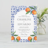 Invitation Code QR de mariage méditerranéen à carreaux bleus (Debout devant)